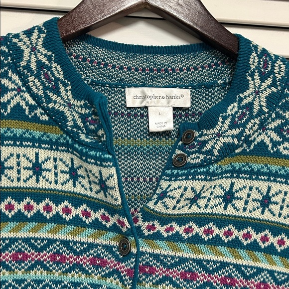 Christopher & Banks Teal Blue Fair Isle Cardigan - Picture 2 of 5